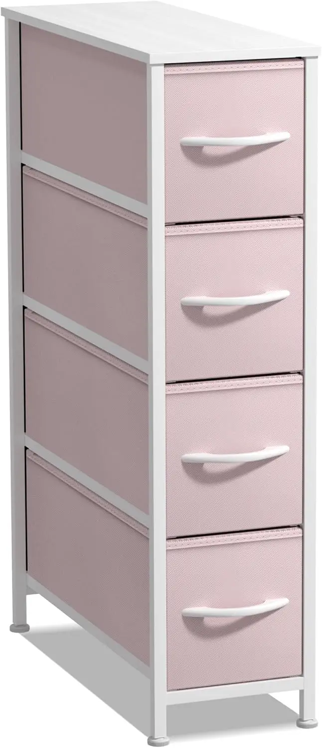 

Kids Narrow Dresser with 4 Drawers - Vertical Slim Storage Chest of Drawers with Steel Frame, Wood Top & Easy Pull Fabric Bins