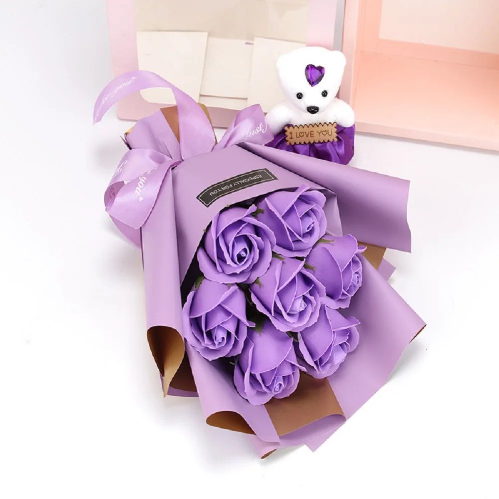 7 Artificial Flower bundle Mother\'s Day Soap Rose Bouquet With Bear Gift Box Creative Birthday Party Gift For Girlfriend and Mom