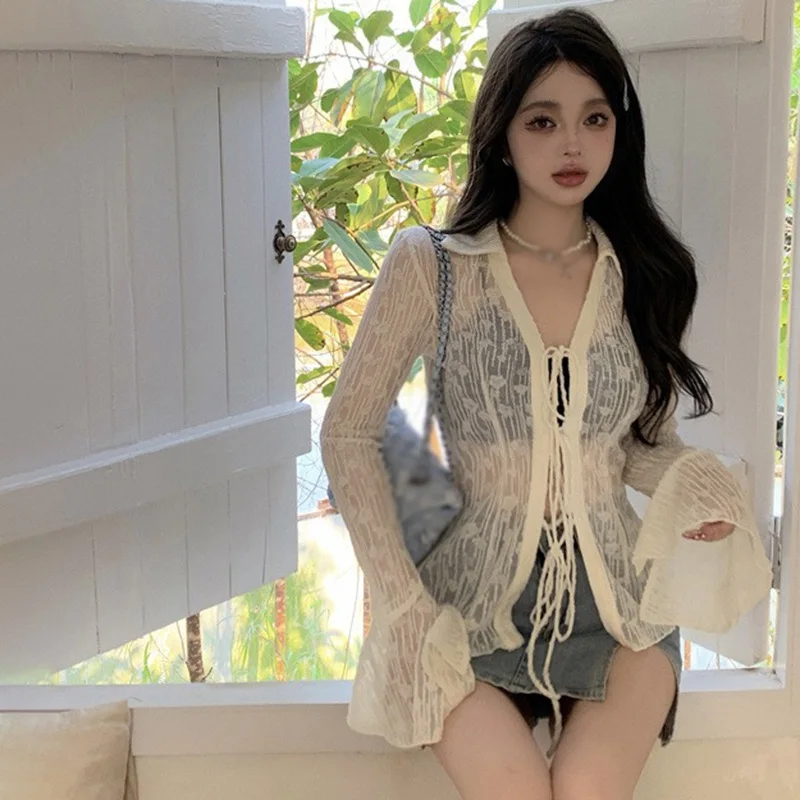 Summer Lace Sunscreen Shirt Elegant Women\'s Lapel Cardigan Top Long Sleeves Semi Transparent Solid Color Tightening Waist Design