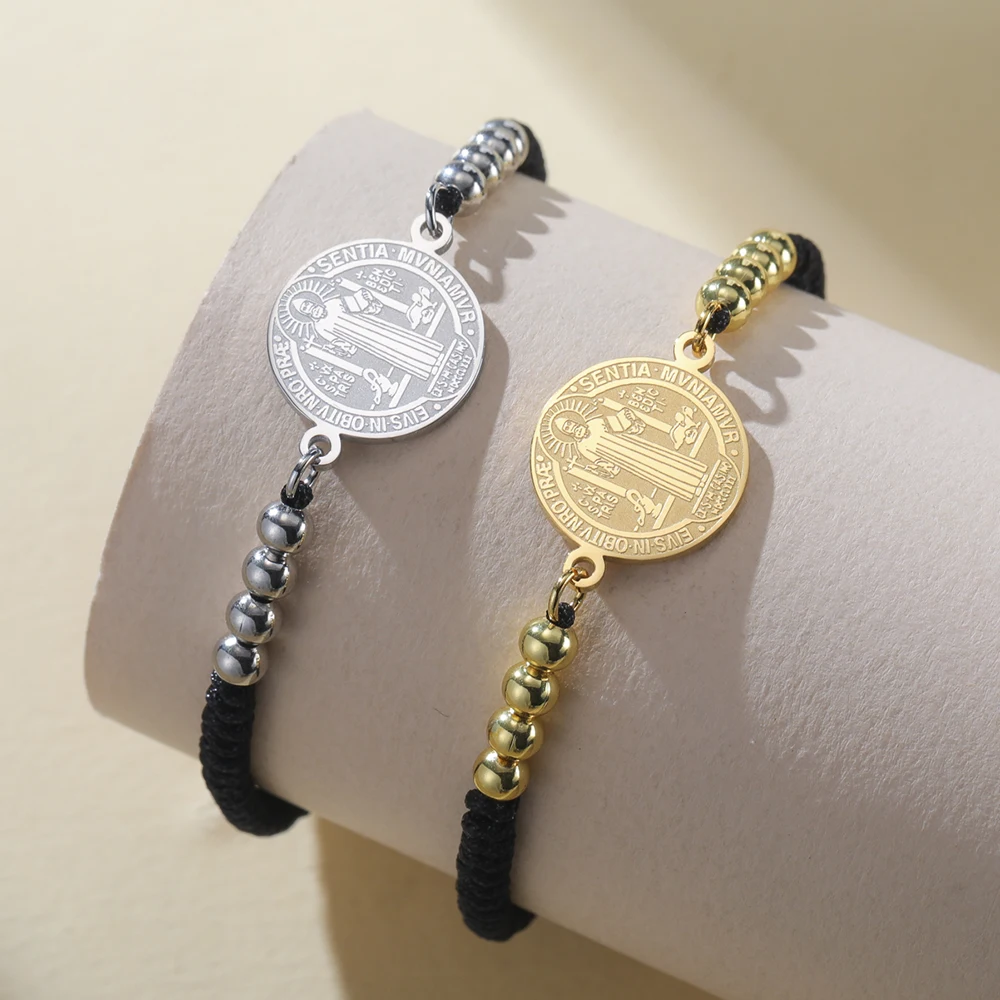 cazador Stainless Steel Saint Benedict Exorcism Cross Bracelet for Women Men Adjustable Wax Rope Bracelets Religious Jewelry