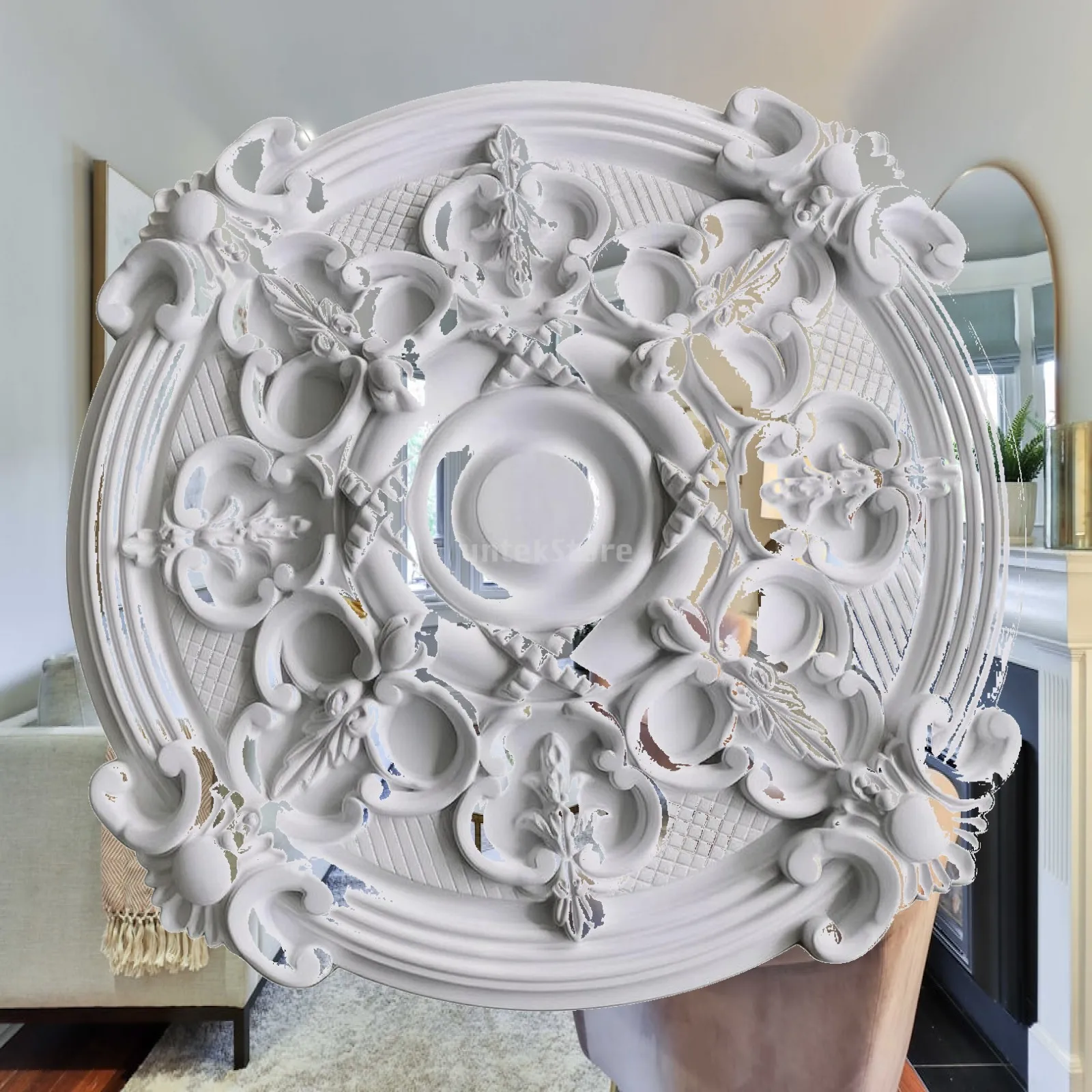 White PU Ceiling Light Base Round Embossed Scroll Flower Medallion Overhead Lamp Cover for Home Interior Ceiling Decor