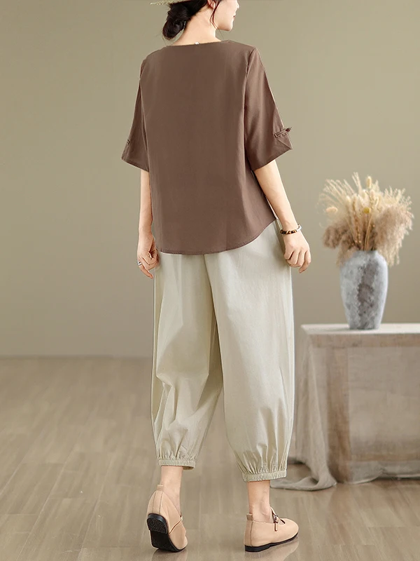 Baumwolle Leinen Set Frauen Sommer Ethnische Sle Lose Top Leinen Mama Outfit Zwei Stücke Set Faionable Casual runde Ne Top