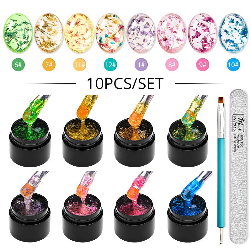 

10PCS/SET Dried Flower Gel Nail Polish Set Natural Floral Gel Kit Thread Shell Gel For Manicure Semi Permanent Varnish Nail Art