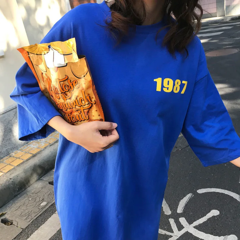 เวอร์ชั่นเกาหลีผู้หญิงขี้เกียจสไตล์หลวมสบายๆขนาดใหญ่ชุดยาวแฟชั่นฤดูร้อนพิมพ์รอบคอครึ่งแขนเสื้อยืดชุด