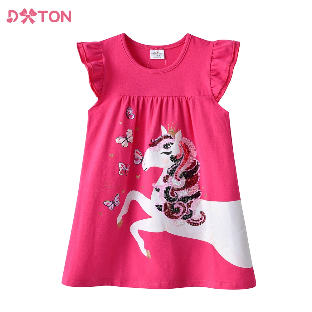 

DXTON Summer Flare Sleeve Girls Dress Licorne Appliqued Cotton Kids Straight Dress Sequined Butterfly Children Casual Costumes