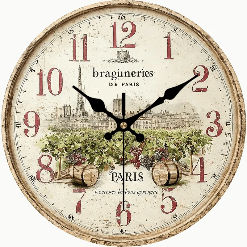 Parisian-style PVC Sumemr Spring Wall Clock, Vintage Vineyard Design, Decor Home Decor Clock, Silent Round Clock