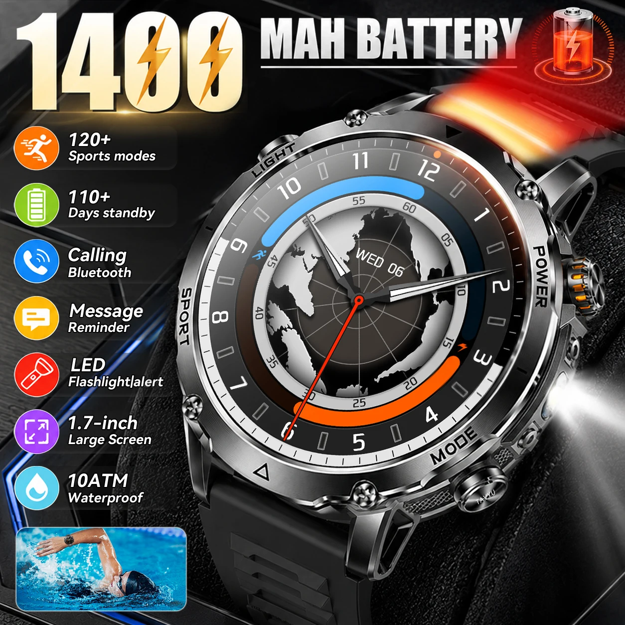 New Military 1400mAh Battery Smart Watch 10ATM Waterproof LED Flashlight Heart Rate 100+Sports mode SOS Alarm Bracelet Men Women