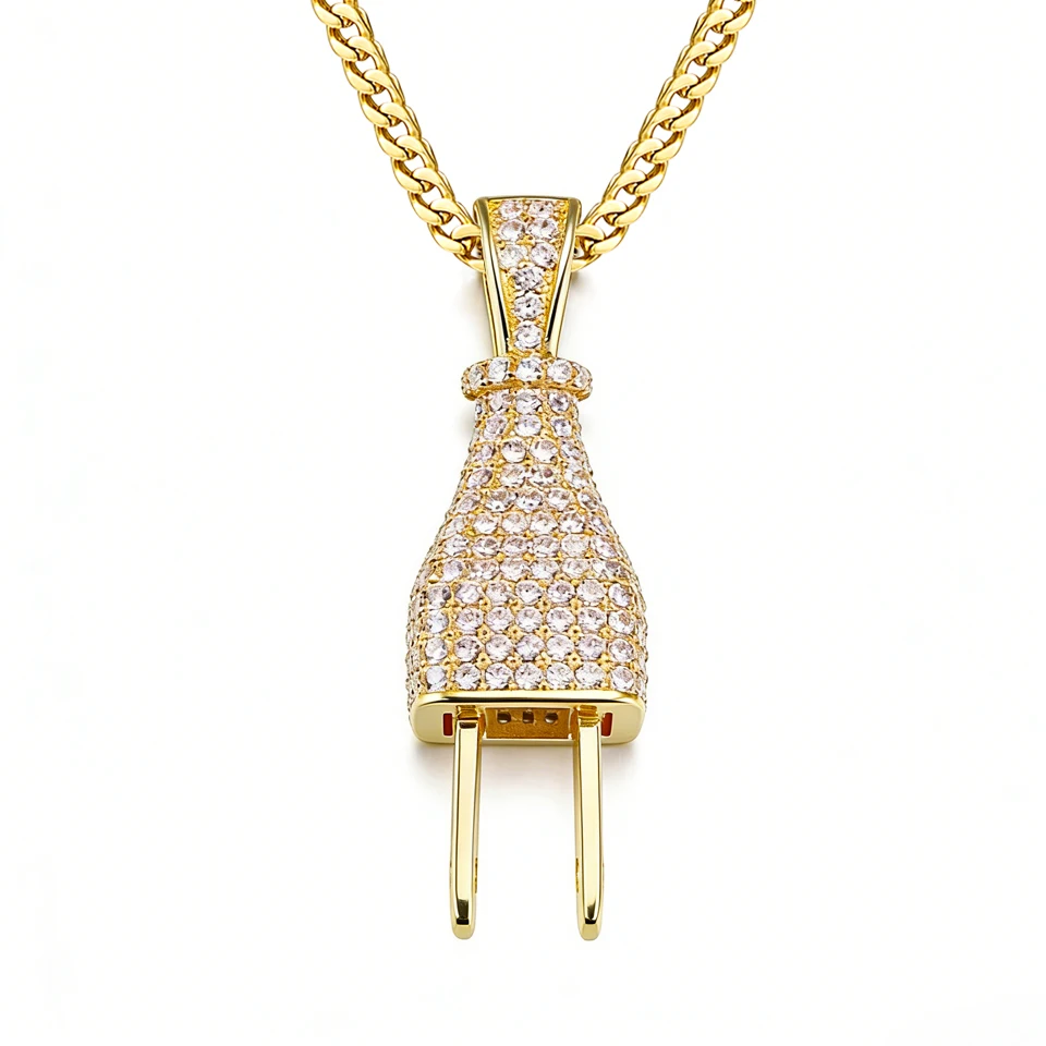 

VANAXIN Iced Out Plug Pendant Necklace for Men 14k Gold Plated Charm Micro Pave Full Paved Zircon Classic Cool Hip Hop Jewelry