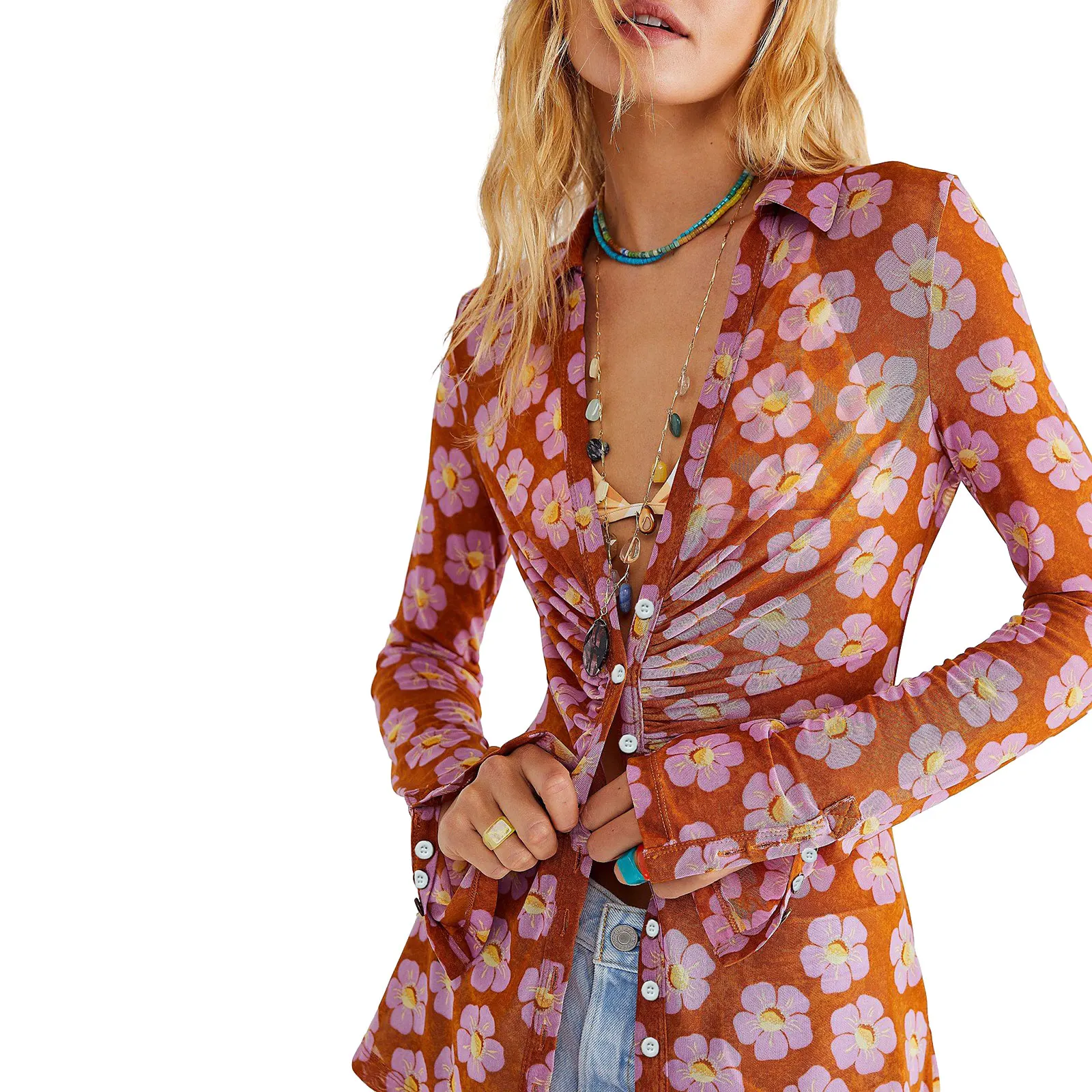 Dames Y2K V-hals met knopen, lang shirt, casual bloemenprint, ruches, blouse met lange mouwen, ingerichte werktops voor streetwear