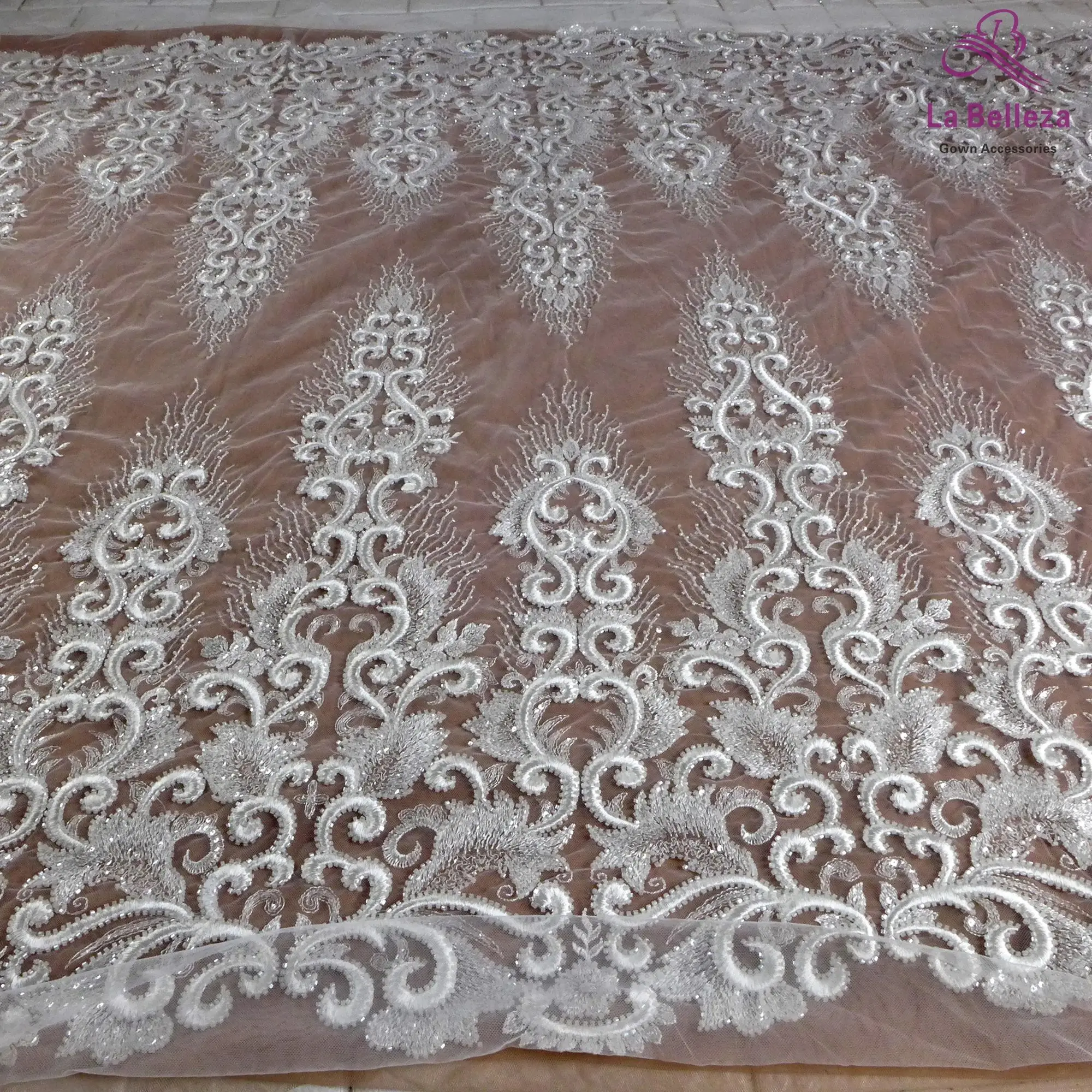 La Belleza fashion bridal lace, heavy embroidery lace fabric, white beading wedding dress lace fabric 51\'\' width 1 yard