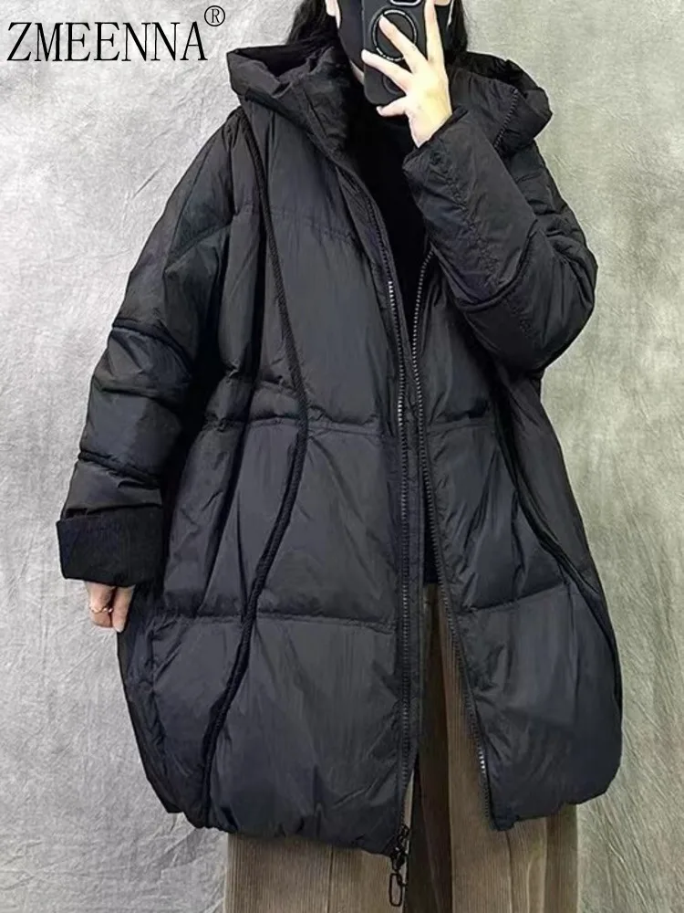 

ZMEENNA Womens Short Puffer Jacket Unique Curved Hooded Full Zip Down Coat Loose Fit Warm Winter Outerwear Black ZM4476
