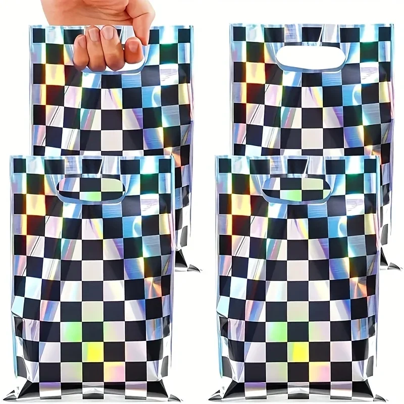 10/20/30pcs Black Laser Checkered Plastic Gift Bags Racing Theme Party Bag Birthday Sports Event Supplies Birthday Decor