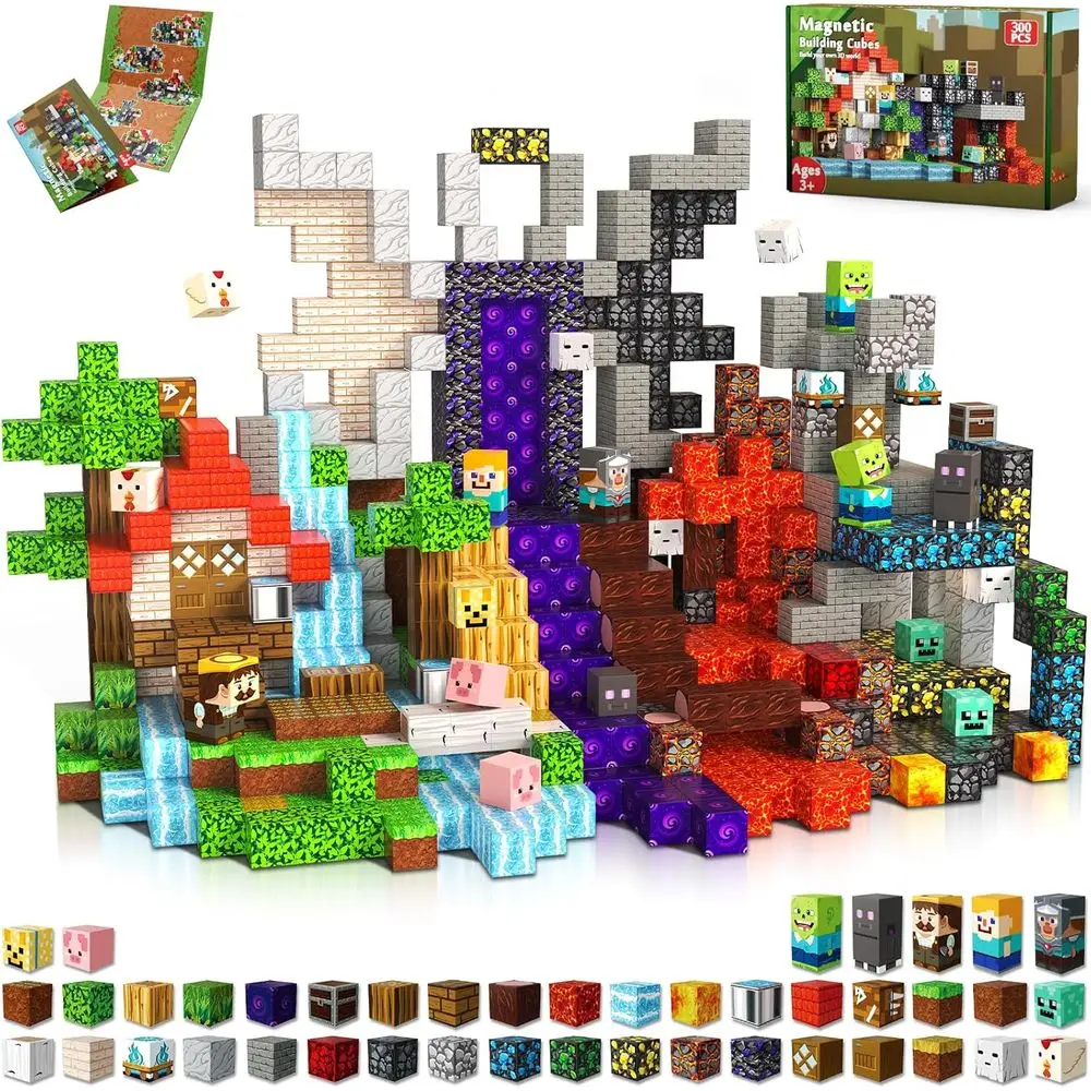 

Magnetic Building Blocks Set of 300 for Kids - 0.8in Cubes, STEM Toys, Portal Theme, Birthday Gifts, Ages 3+