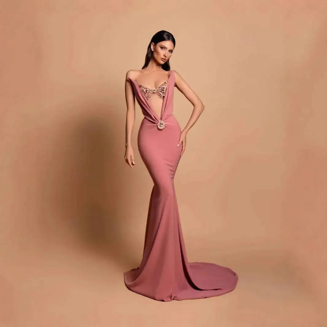 

Женское платье с v-образным вырезом, перспективная сетка, бархатные бусины, обертывание на бедрах, тонкий и тонкий комбинезон с подвеской «рыбий хвост», платье