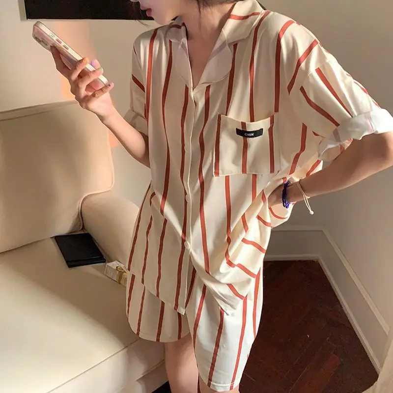 2024 New Cute Simple Summer Pajamas Stripe Short Sleeved Sleepwear Women's Pajamas Set Casual Homewear Cute Pajama Nightwear