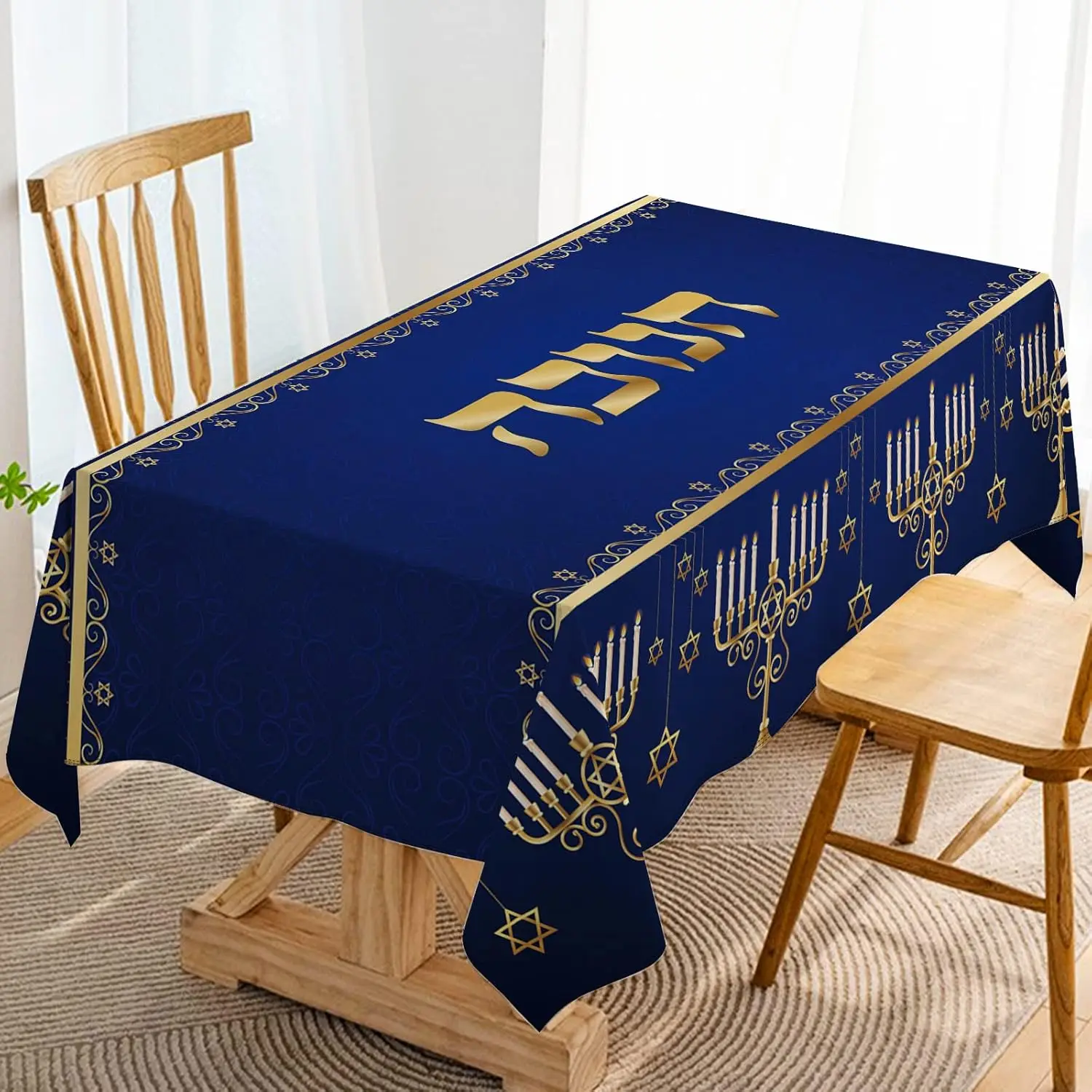 Jewish Hanukkah Chanukah Menorah Star of David Fabric Tablecloth Table Decor Waterproof Tablecloth for Table Wedding Decoration