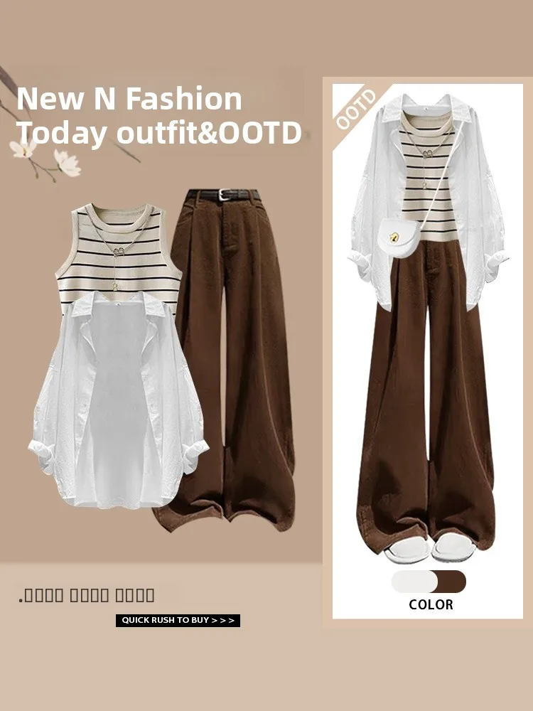 

Весна 2025 Faion, свободный повседневный солнцезащитный жилет, брюки для похудения, комплект из полиэфирного волокна, длинный жилет...