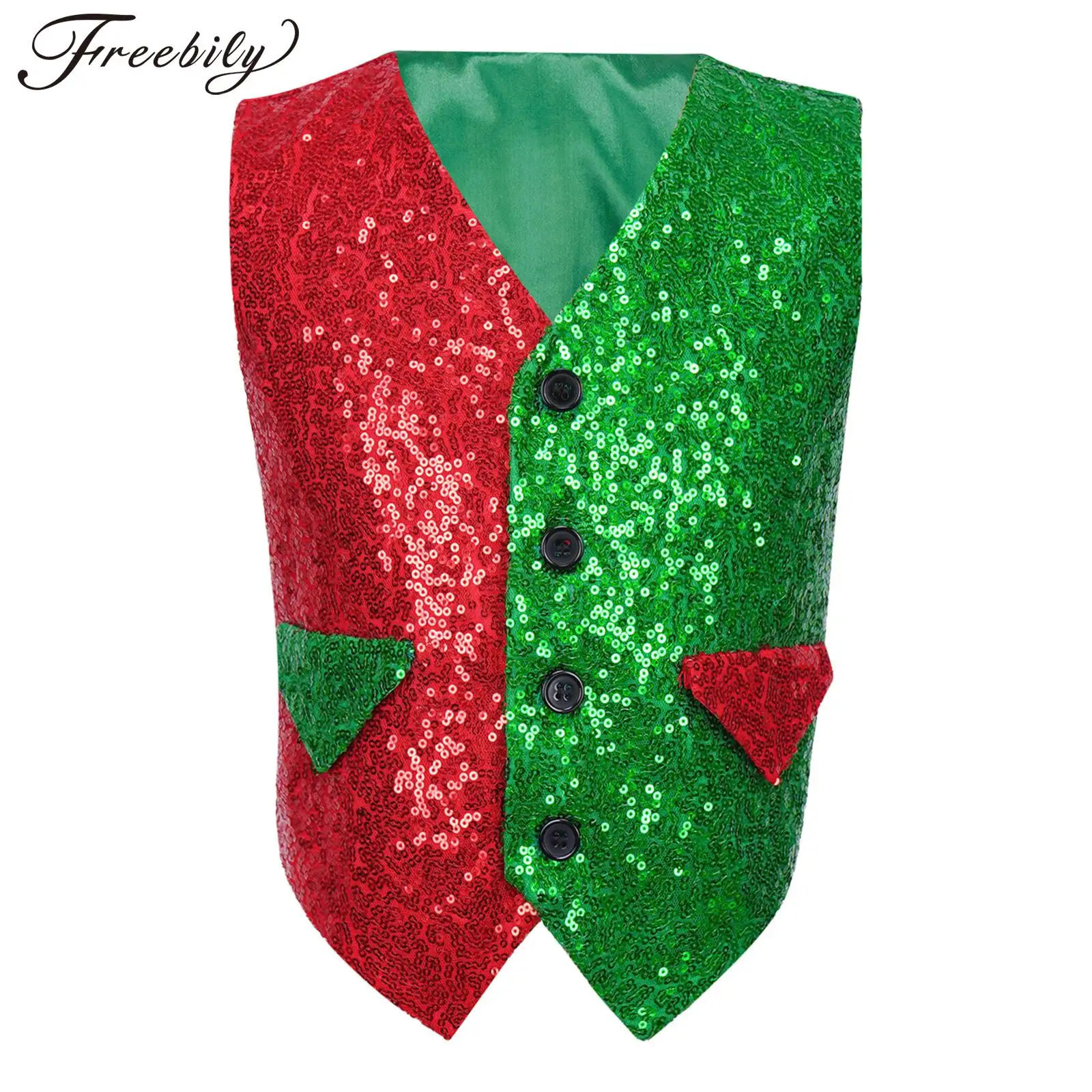 Kids Boys Christmas Costume Color Block Sequins Vest Pointed Hem Decorative Flap Pockets Waistcoat for Xmas Stage Performance