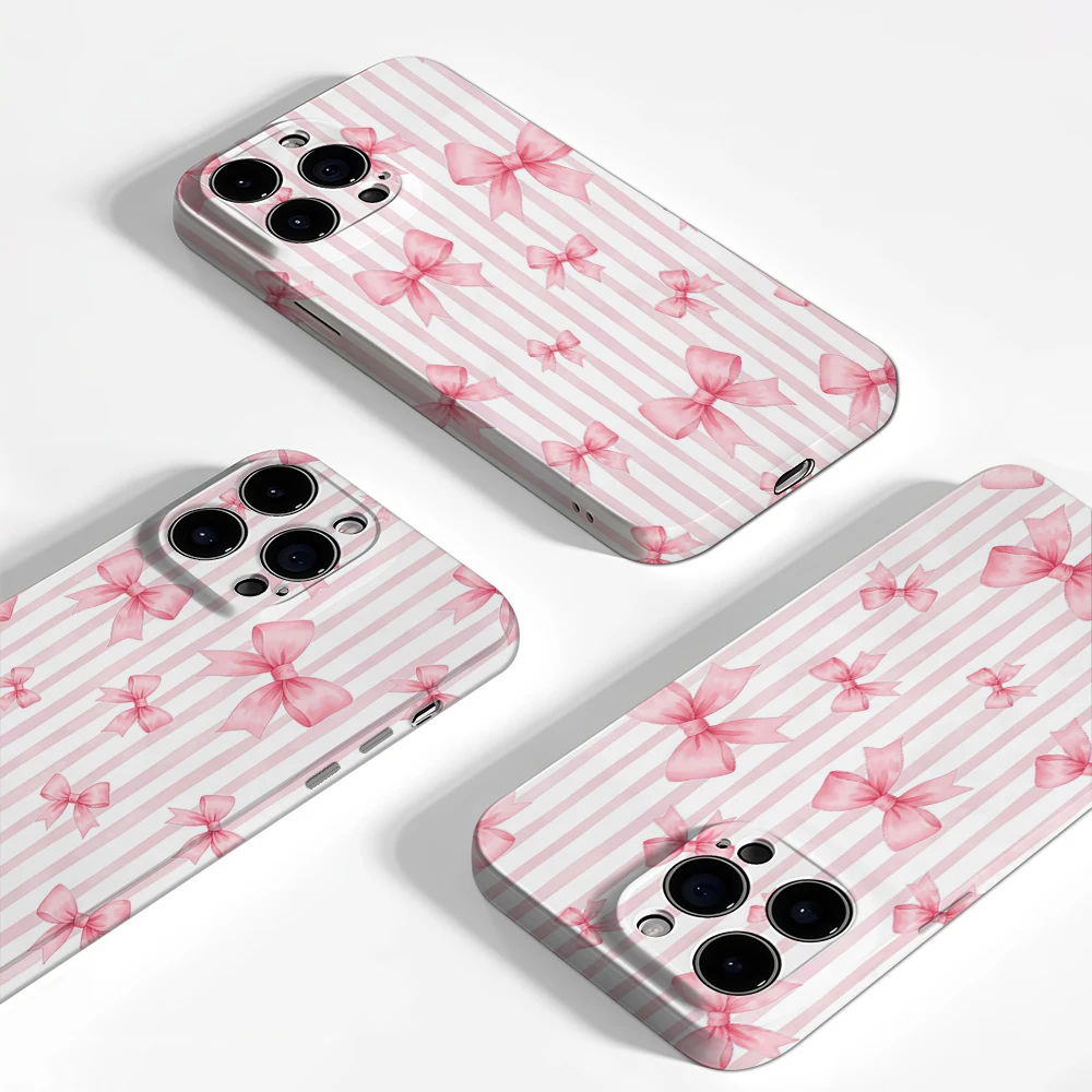 حافظة لهاتف آيفون 17 بنمط مخطط بفيونكة وردية يجب اقتناؤها لهاتف آيفون 17 16 15 14 13 12 برو ماكس بلس غطاء خلفي مزدوج الطبقة