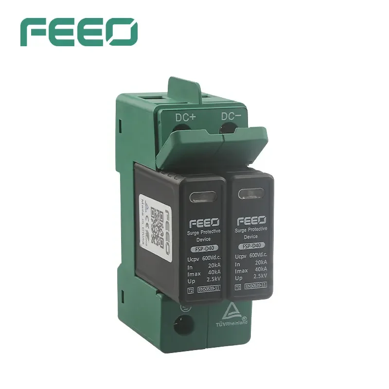 FEEO 2P Din Rail Solar DC Surge Protector PV SPD 600V 800V 20KA-40KA New Energy Surge Arrester Protection for Home Outdoor Solar