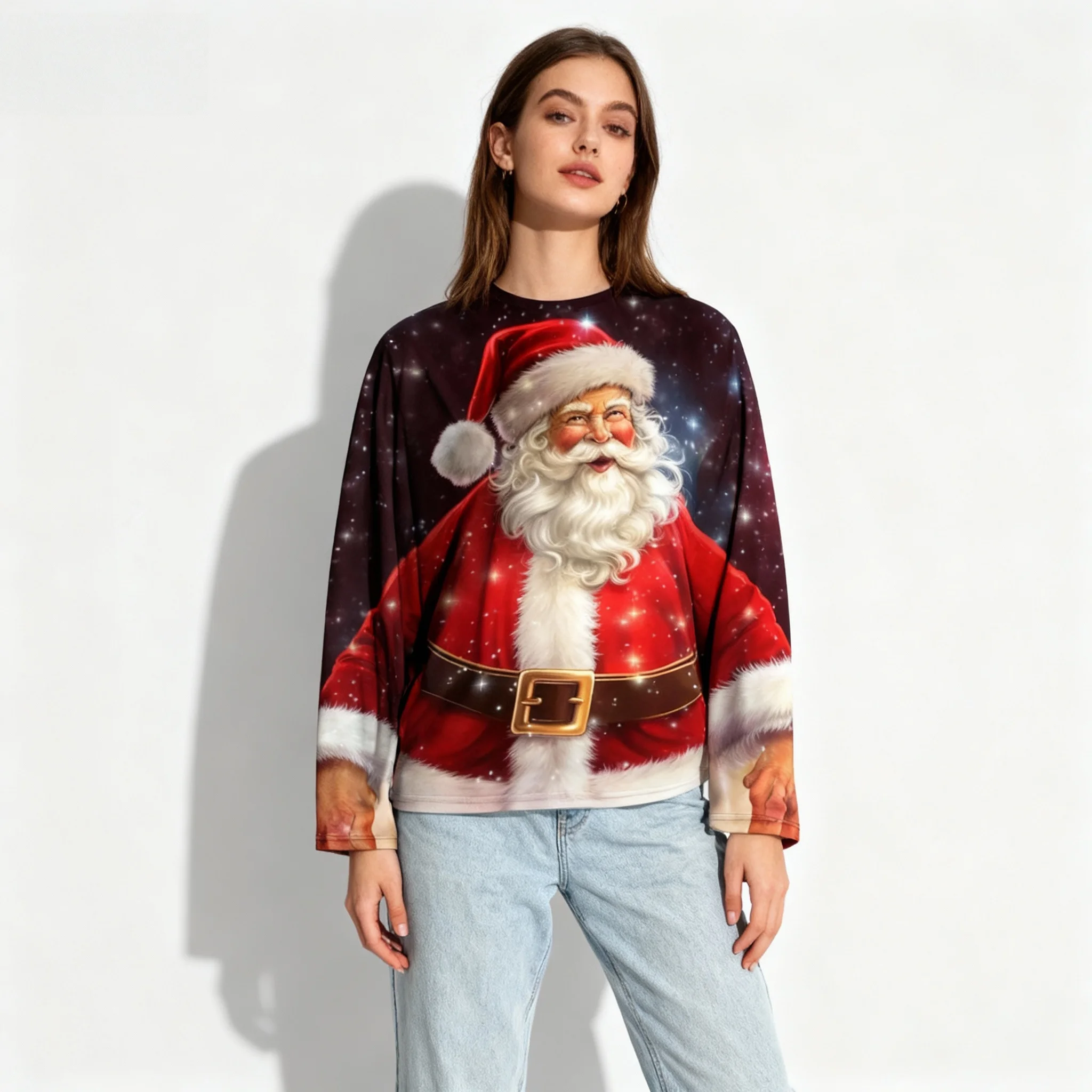 Spring and Autumn Hot Christmas Long Sleeved T-shirt 3D Round Neck Women's Adult Oversized Street Casual Daily Clothing