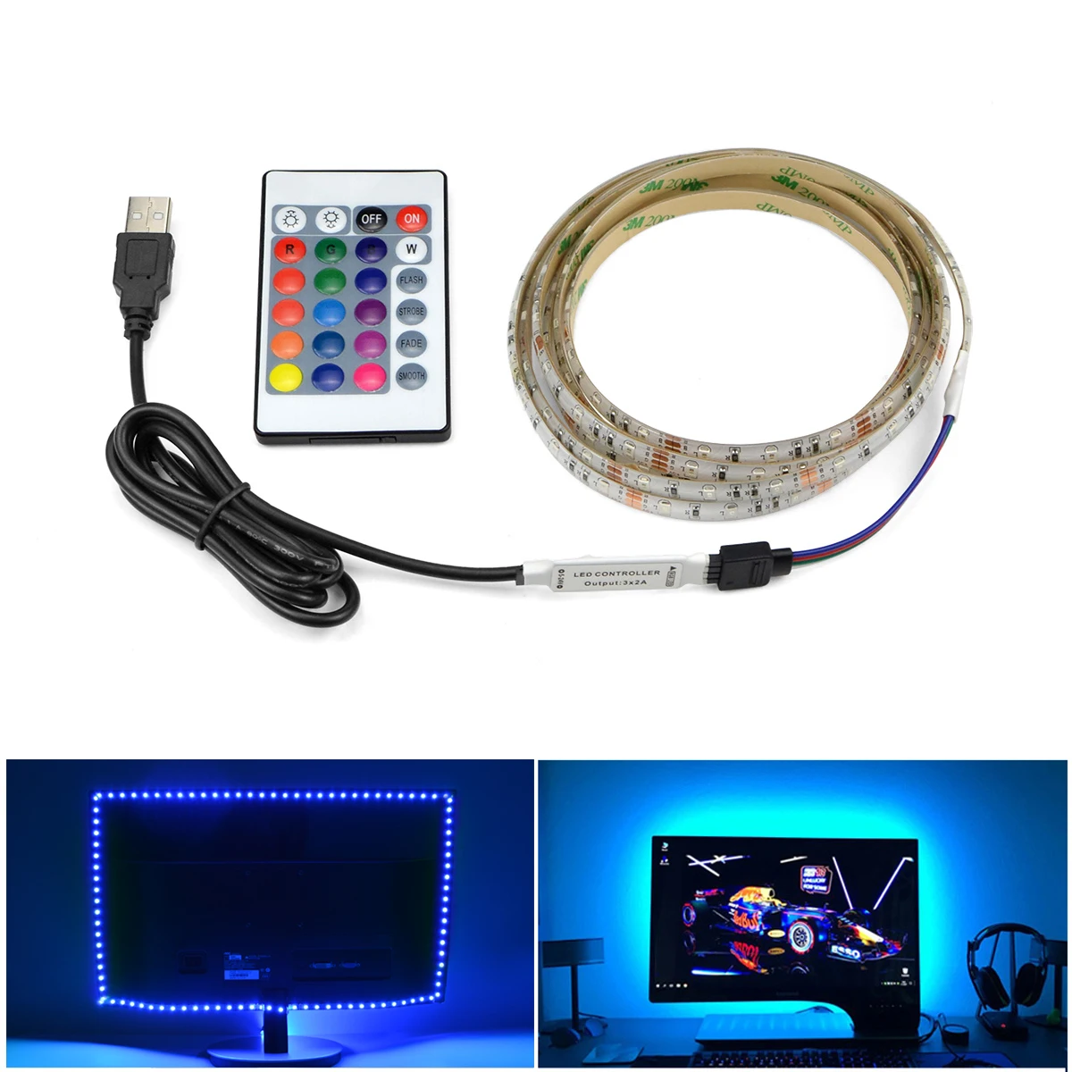 USB 0.5m-5m Led Strip Lights RGB 5050 nastro diodo flessibile con 24 tasti contenoller HDTV TV Computer Screen Cabinet retroilluminazione Decor