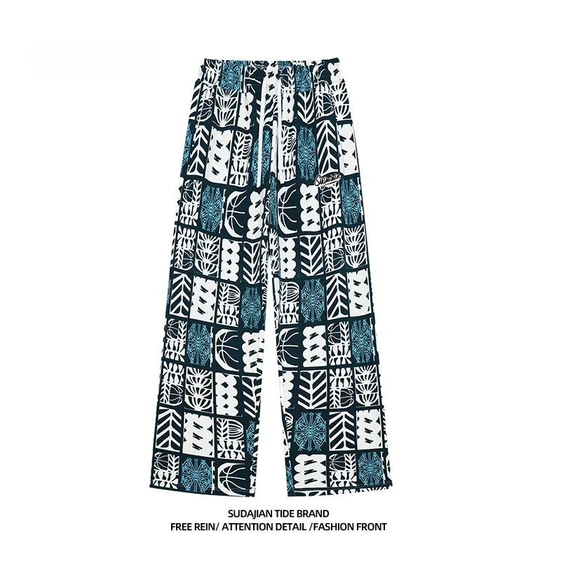 

American Ferris Wheel Printed Baskeall Exercise Sports Long Pants Men Summer Thin Loose Casual Straight Leg Flower Pants