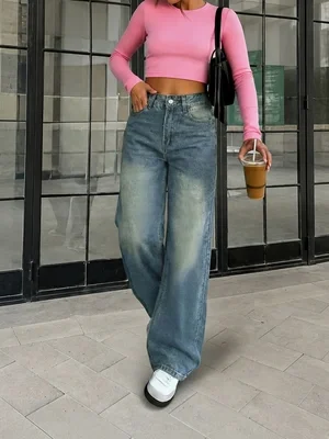 Women High Waist Non Stretch Wide Leg Jeans Vintage Washed Denim Pants Back Graphic Print Loose Streetwear Trousers