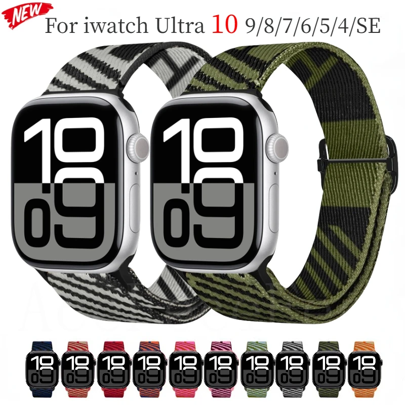 Correa de nailon a rayas para Apple Watch 49mm 46mm 45mm 44mm 42mm 41mm 40mm pulsera ajustable iWatch Ultra 10 9 8 7 6 5 4 SE