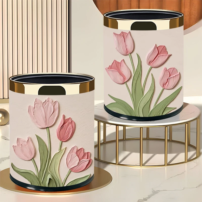 

Креативная двухслойная корзина с цветочным принтом, роскошный коврик для домашнего использования, спальня, мусорная корзина, кожаная круглая бочка, апей