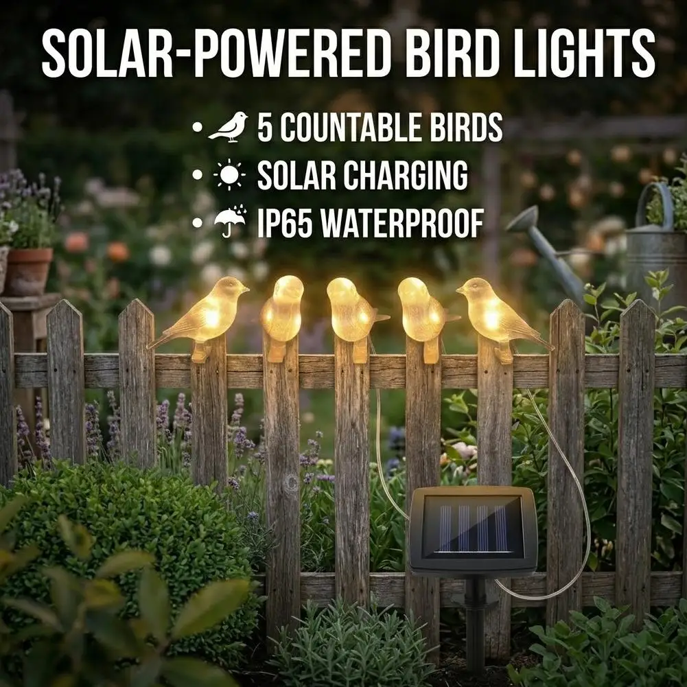 

Солнечная уличная водонепроницаемая гирлянда-птички для двора, виллы, декоративное освещение для балкона, светящиеся птички для патио и забора