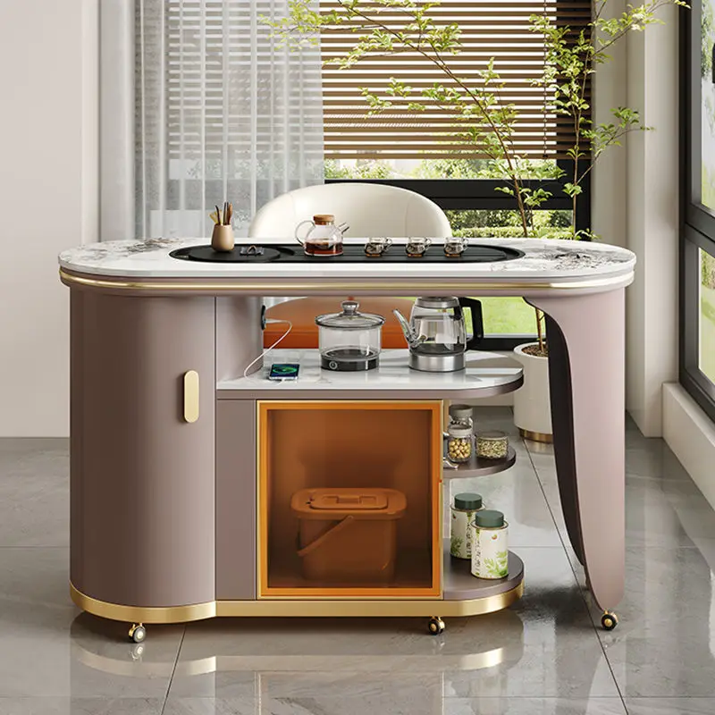 Household rotatable balcony tea table rock slab with wheels movable tea table boiling water integrated small apartment coffee