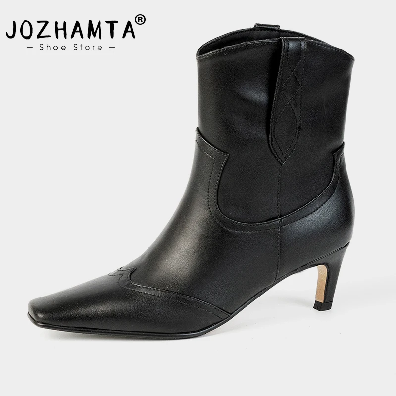 JOZHAMTA 2025 Women Ankle Boots Fashion High Heels Genuine Leather Square Toe Autumn Winter Boots Shoes Size 34-40