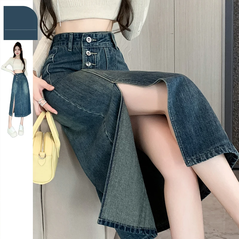 Vintage Denim Slit Skirts Women Spring Autumn High Waist Irregularity A-line Mid Length Skirts Elegant Female Jean Skirts