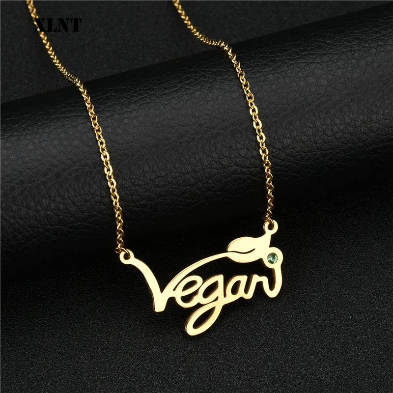 XLNT Collar vegano de plata, oro rosa, letras, colgante vegano, gargantilla vegetariana, joyería vegana, regalo para personas vegetarianas