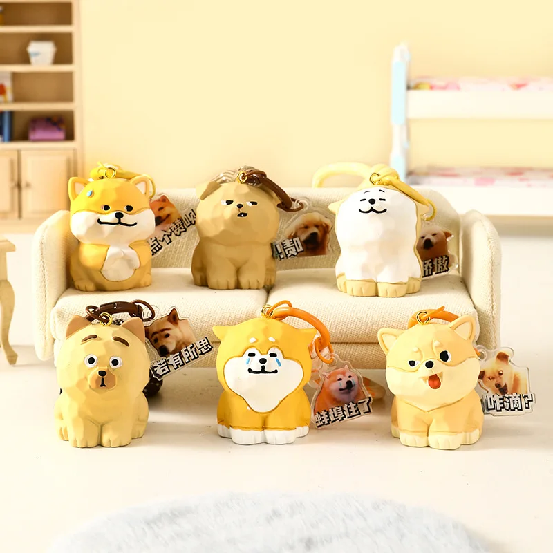 Cute Wood Carving Style Destroy Home Ace Puppy Shiba Inu Keychain Accessories Diverse Expression Milk Kitten Doll Key Chain Bags