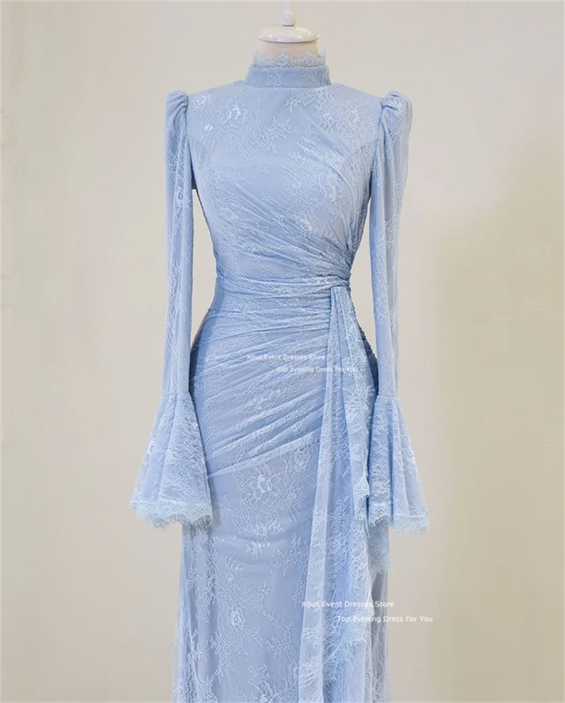 Xijun Modest Full Lace Long Evening Dresses High Collar A-Line Prom Dresses Muslim Moroccan Kaftan Formal Prom Gowns Customized image 5