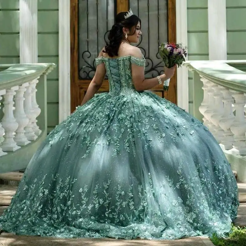 Mintgrüne, glänzende Quinceanera-Kleider, schulterfrei, Pailletten, Applikationen, Spitze, Blumenperlen, Tüll, Schnürung, Vestido De 15 Anos, süß