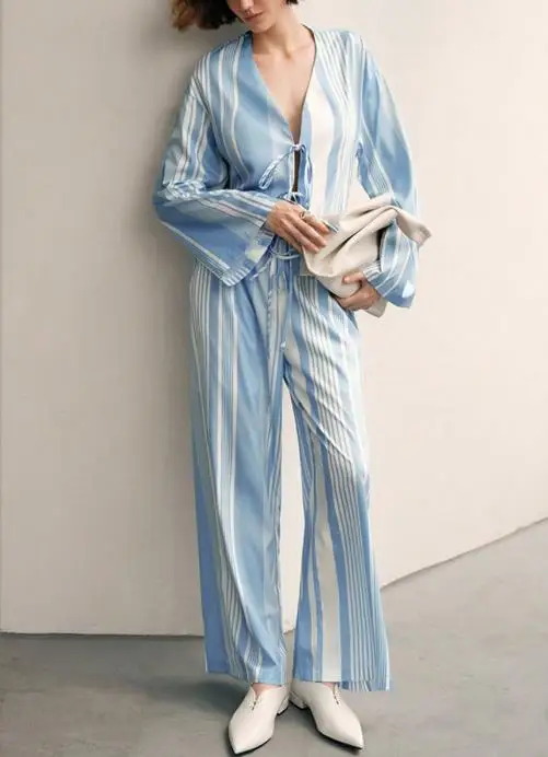 

Autumn Striped Long Sleeve Shirt And Straight Leg Pants Set Temperament Two-Piece Pajamas for Comfortable Sleep Or Relaxation