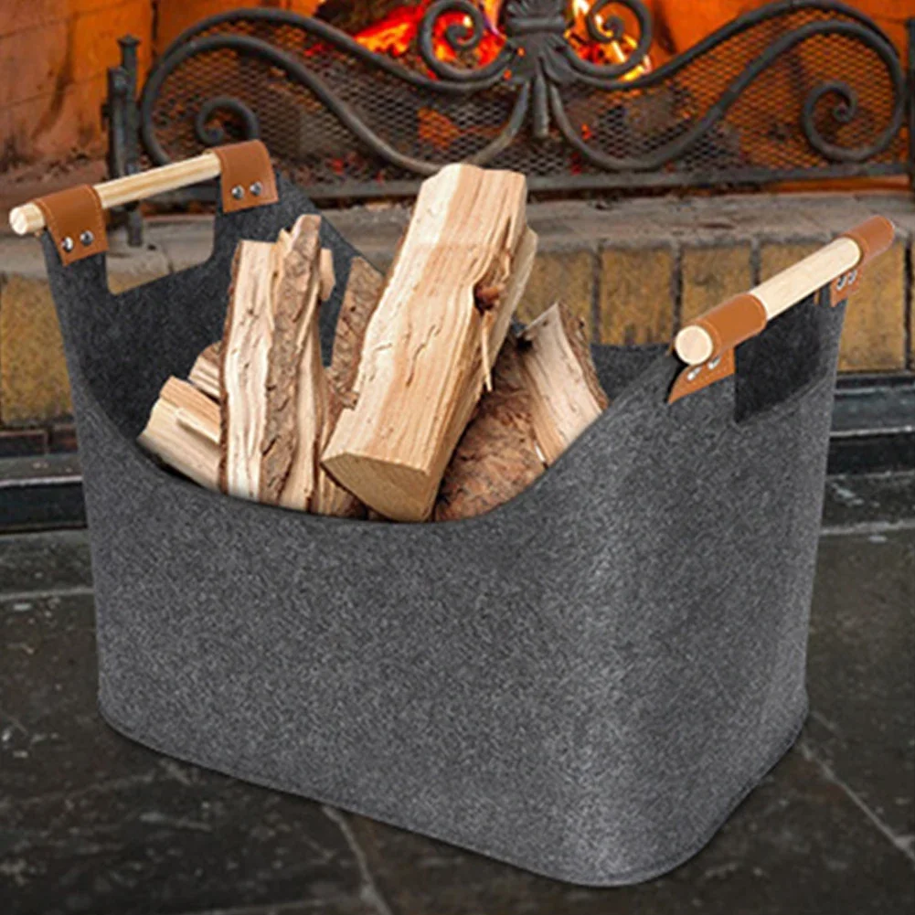 Felt Basket Firewood Box with Wooden Handles Foldable Wood Basket for Firewood Wood Newspapers Clothes Storage Basket