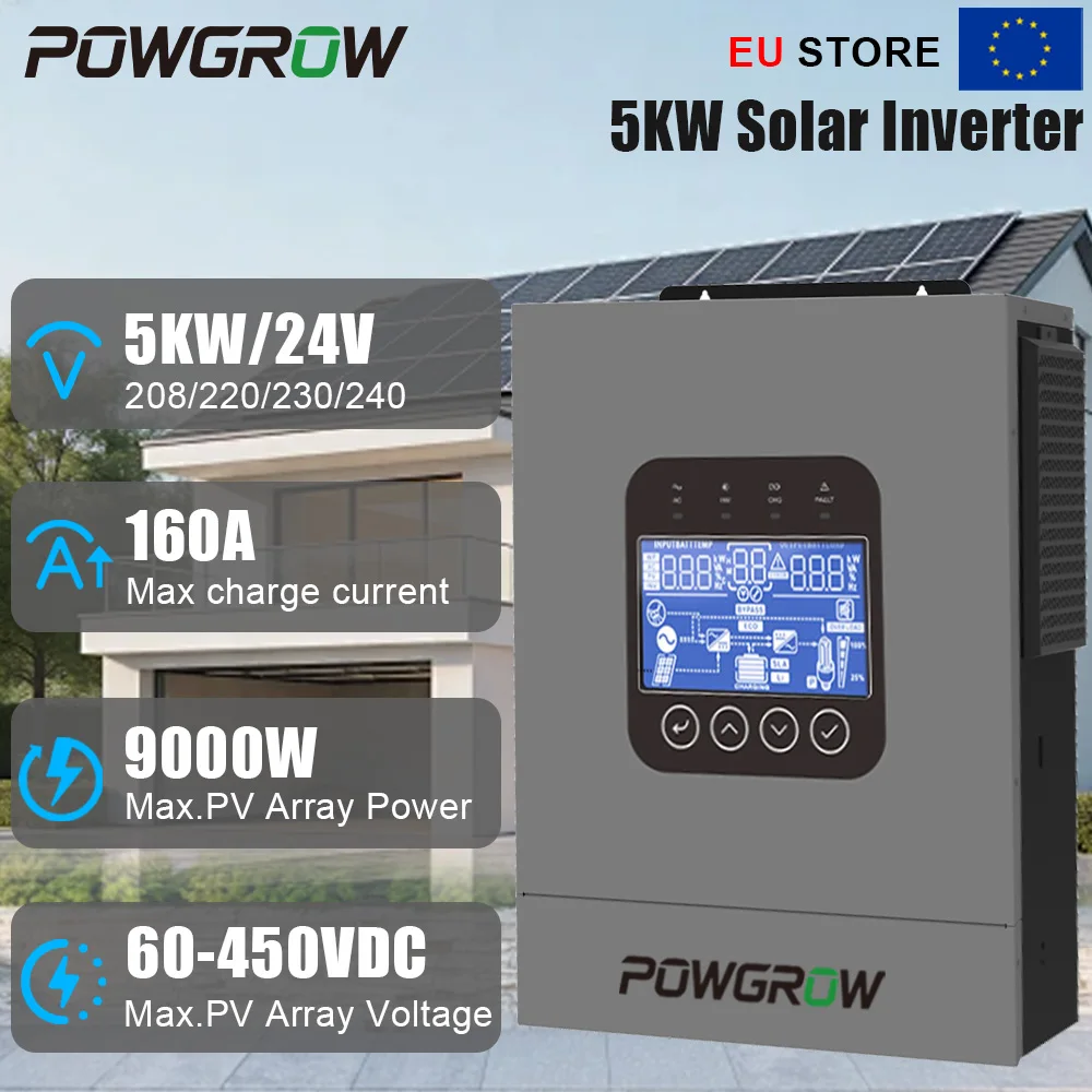 POWGROW 5000W Off Grid Inverter MPPT 24V 60-450VDC 9000W Solar 160A Batterijlader 10KW Piekstroom 20ms Gen Modus Werk Zonder Batterij Thuisgebruik