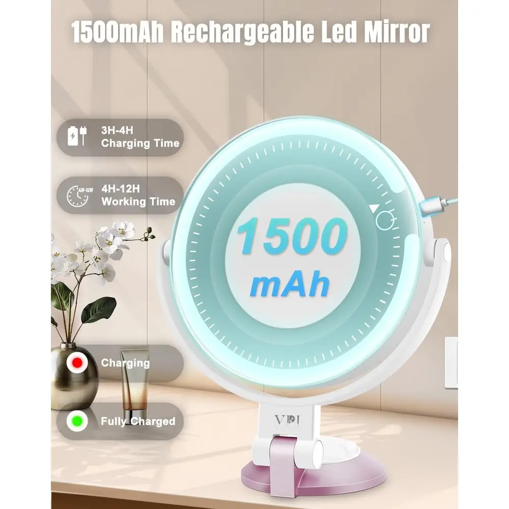 مرآة مكياج LED مزدوجة الجوانب مع كوب شفط، قابلة لإعادة الشحن، 3 أوضاع إضاءة، عالية الدقة ومكبرة، للحمام والسفر #6