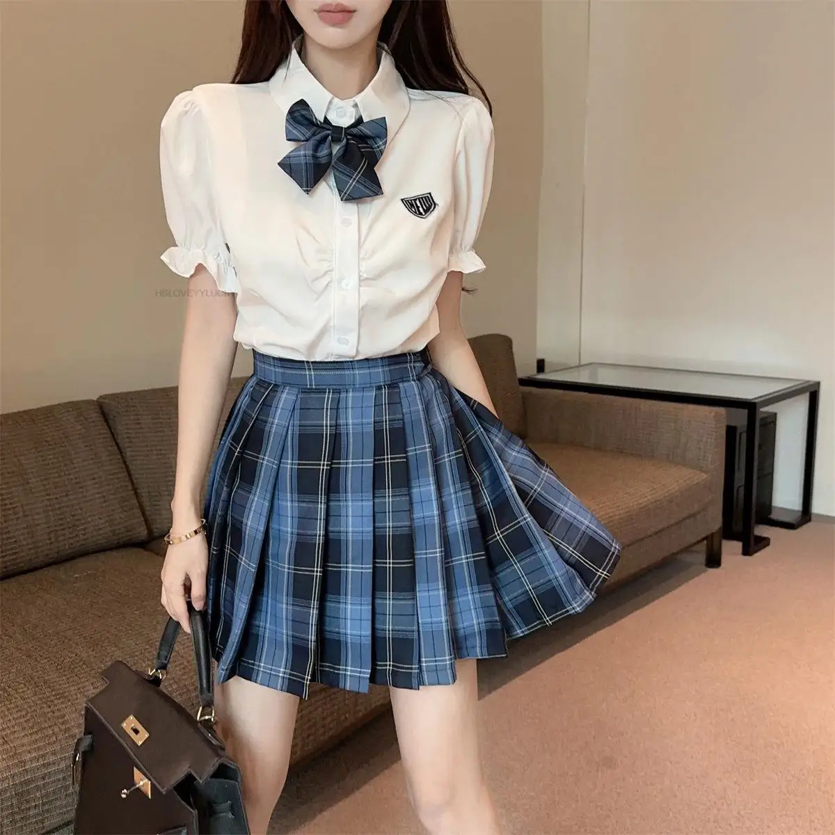 Conjunto de saia plissada xadrez azul de manga curta feminina, uniforme Jk melhorado, camisa de faculdade, estilo japonês e coreano, gostosa Y2k