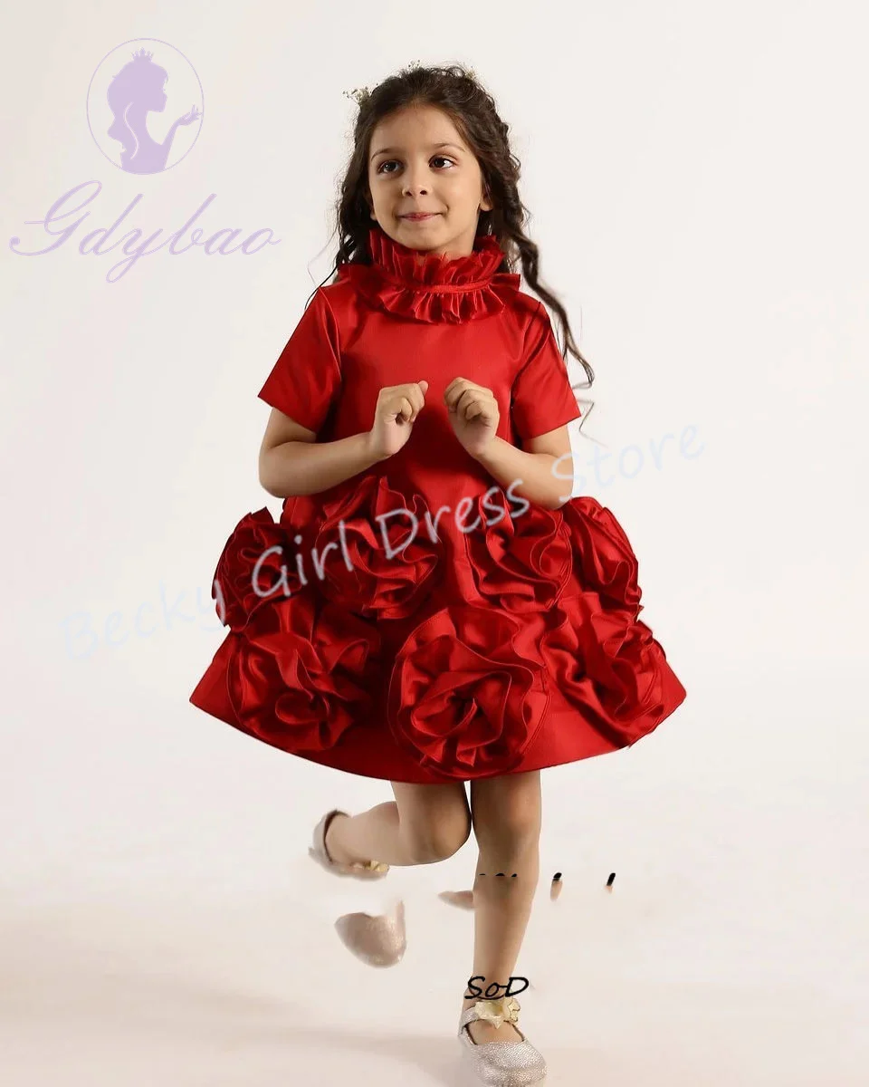 فساتين فتاة الزهور الحمراء المخصصة لحفلات الزفاف ذات الياقات العالية ثلاثية الأبعاد من الساتان الجميل للفتيات الصغيرات وحفلات أعياد الميلاد وحفلات الكرة