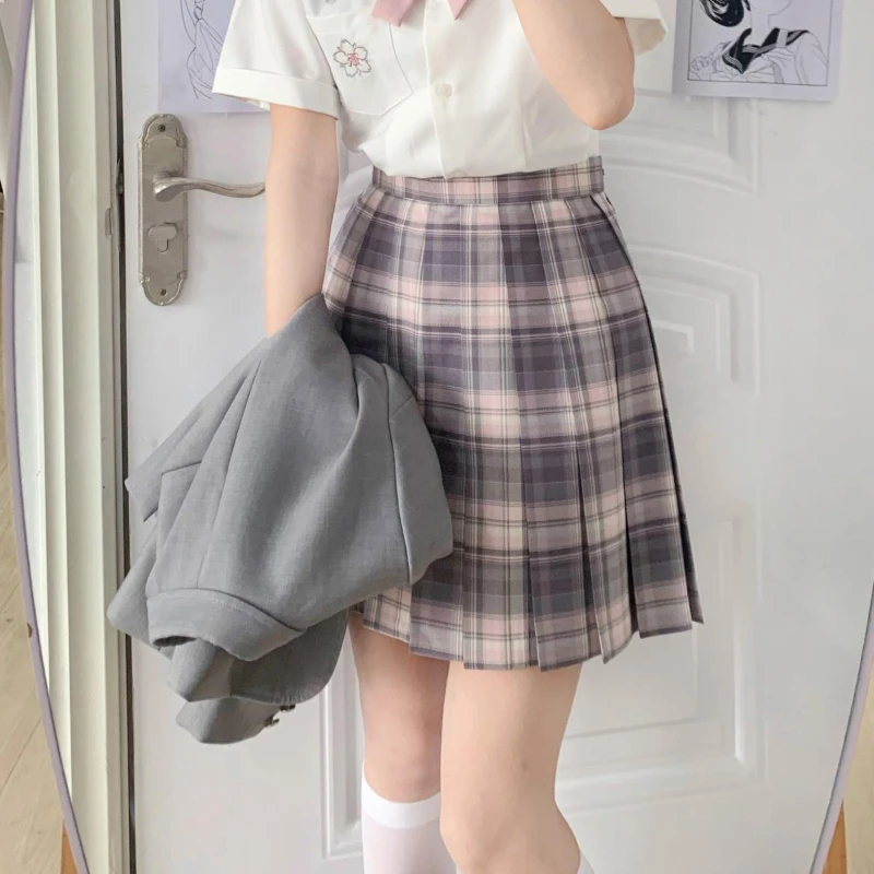 2024 New Japanese Jk Uniform Basic Gray Pink A Line Waist Slim Fashionable and Comfortable Mini Plaid Pleated Skirt For Girls