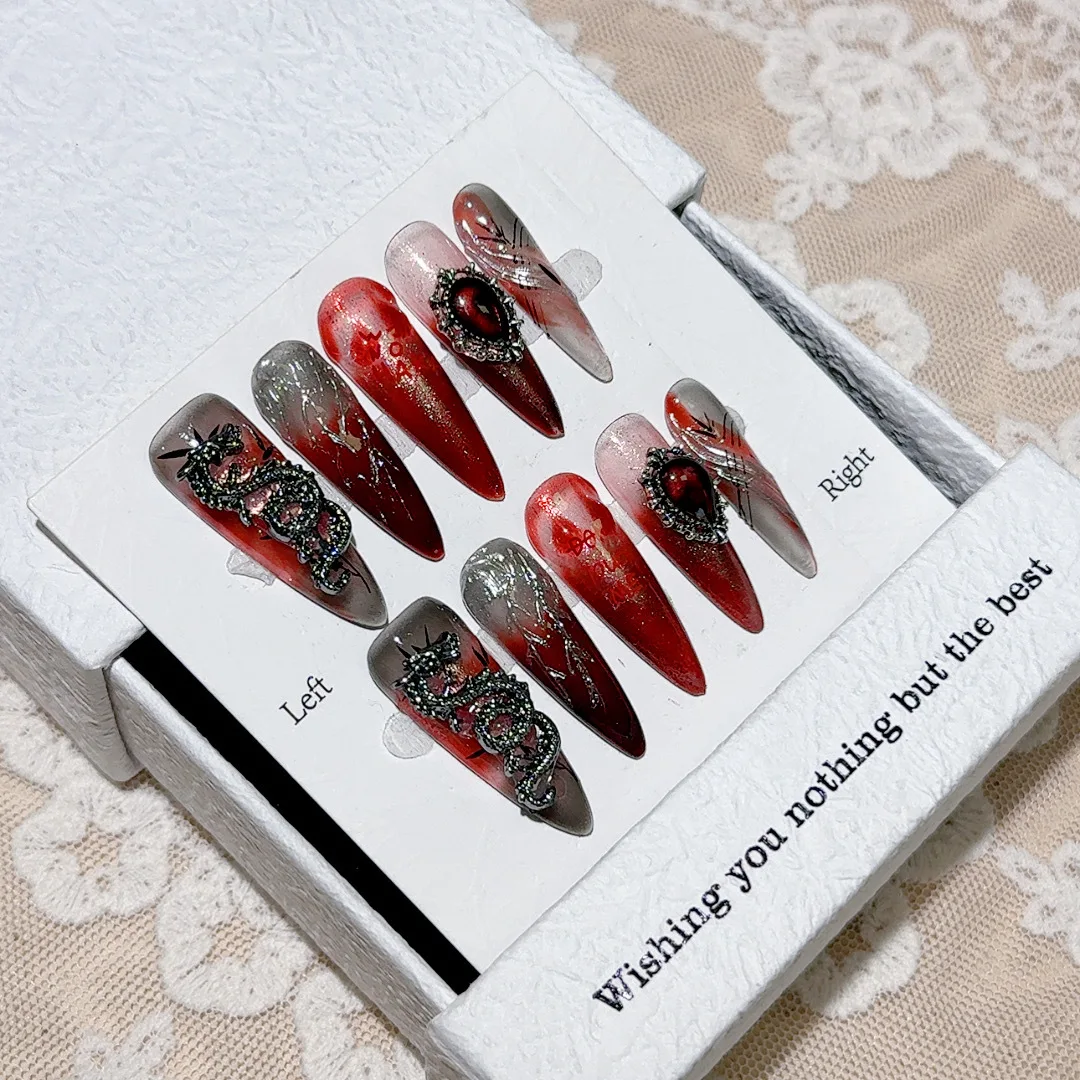 Handmade False Nails Metal Dragon Decor Long Almond Gothic y2k Nails Press On Acyrlic Nails Black Red Gradient Fake Nails 10pcs