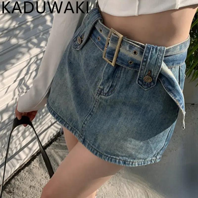 

Y2K Button Belted Short Denim Mini Skirts Vintage Women Korean High Waiste Jeans A-line Skirt High Wiast Denim Irregular Jupe