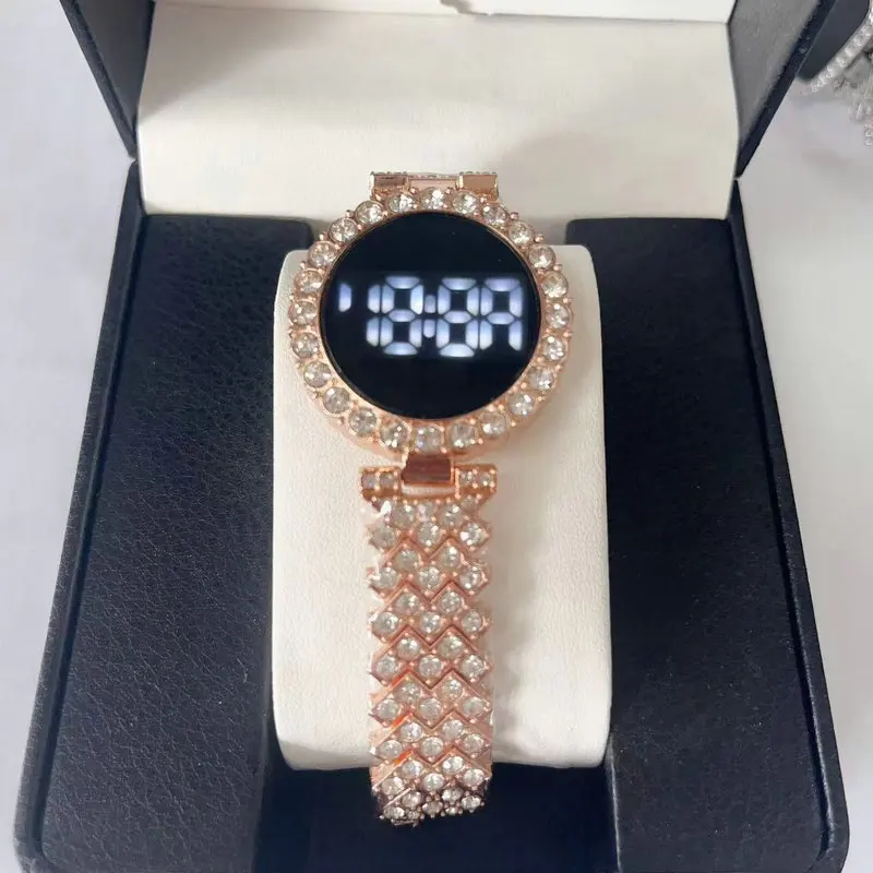 Luxo prata rosa ouro led relógios digitais para mulheres de aço inoxidável diamante-conjunto dial ímã vestido led relógio de quartzo