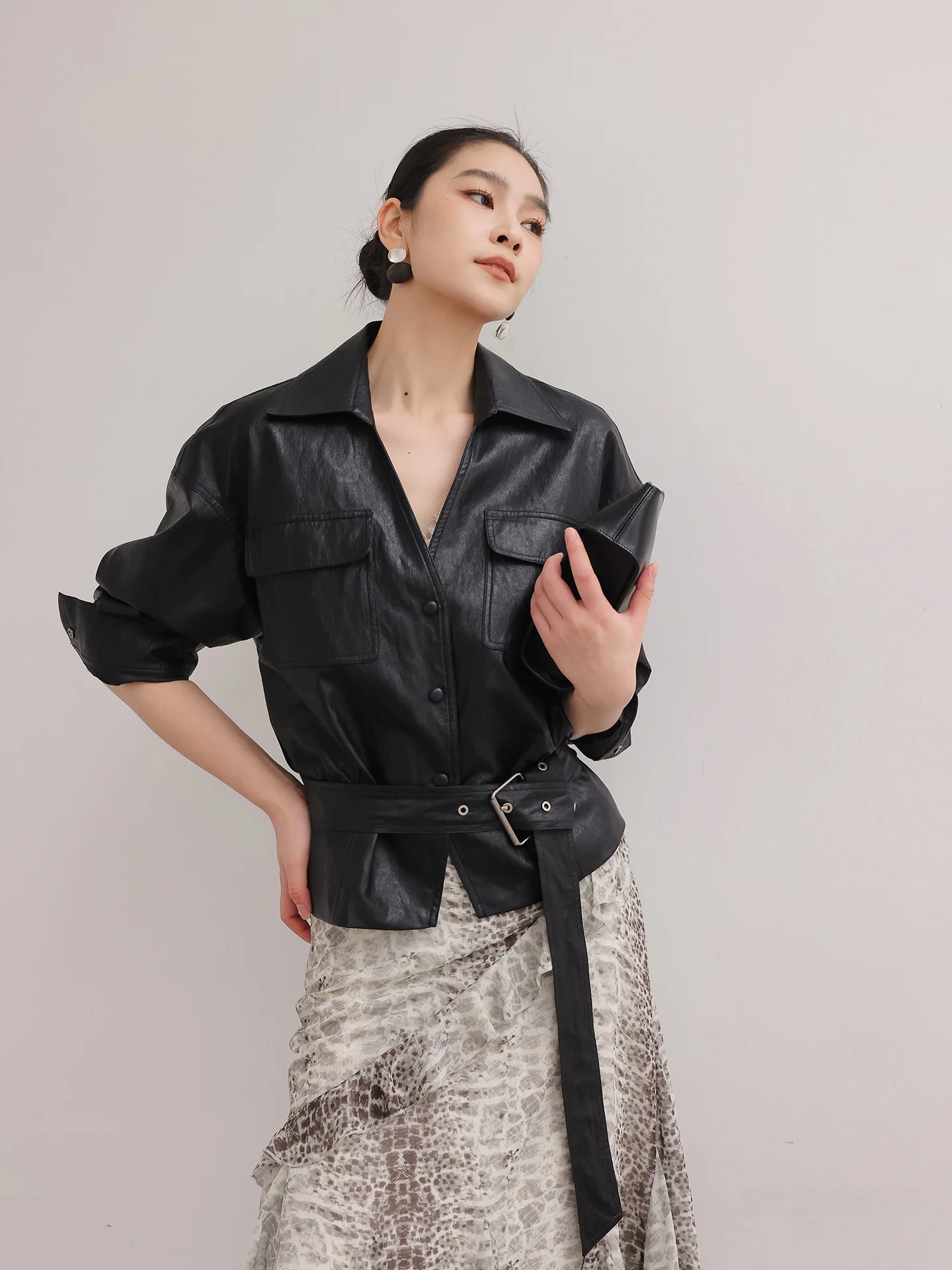 Black Leather Jacket Loose Fit Slimming Personality Wine Hole Cool Style Long Sleeve Mid-Length PU Women's Fashion Top