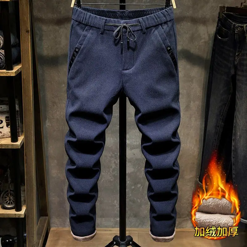 Corridores esportivos de pelúcia masculina, comprimento total, calça elástica na cintura, cordão espesso, casual, moda coreana, outono e inverno